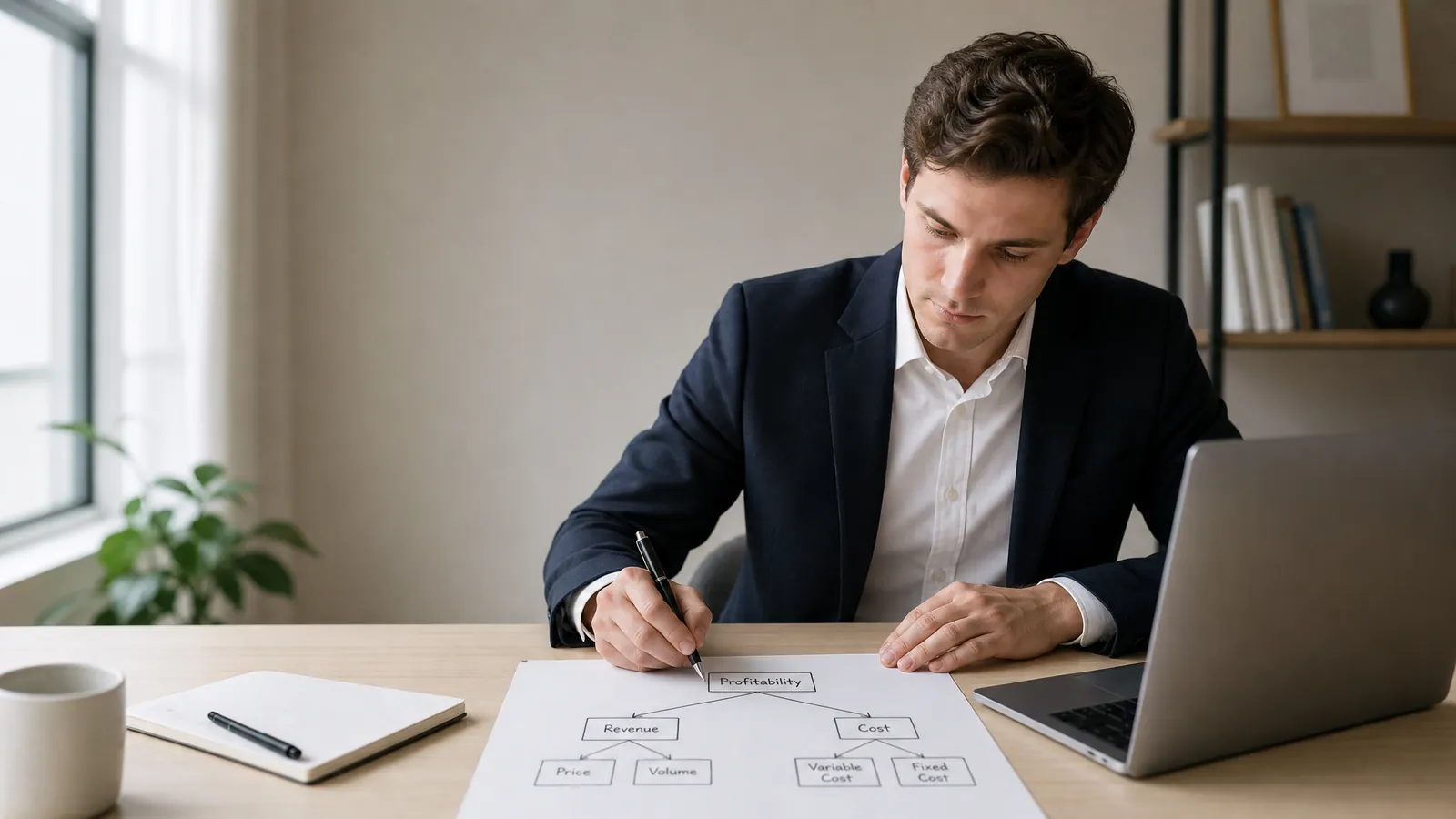 Candidate practicing a profitability tree framework with revenue and cost drivers for a consulting case interview