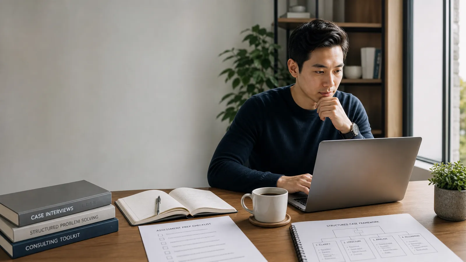 Candidate preparing for the PwC assessment test with checklist and consulting interview notes
