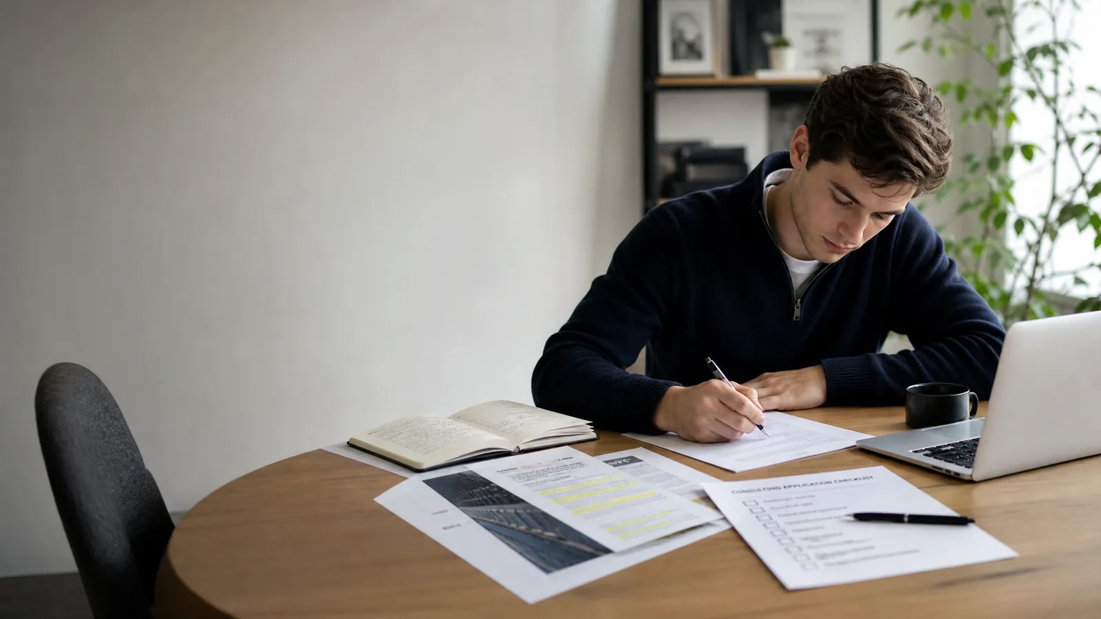 Candidate drafting a PwC consulting cover letter with firm research notes