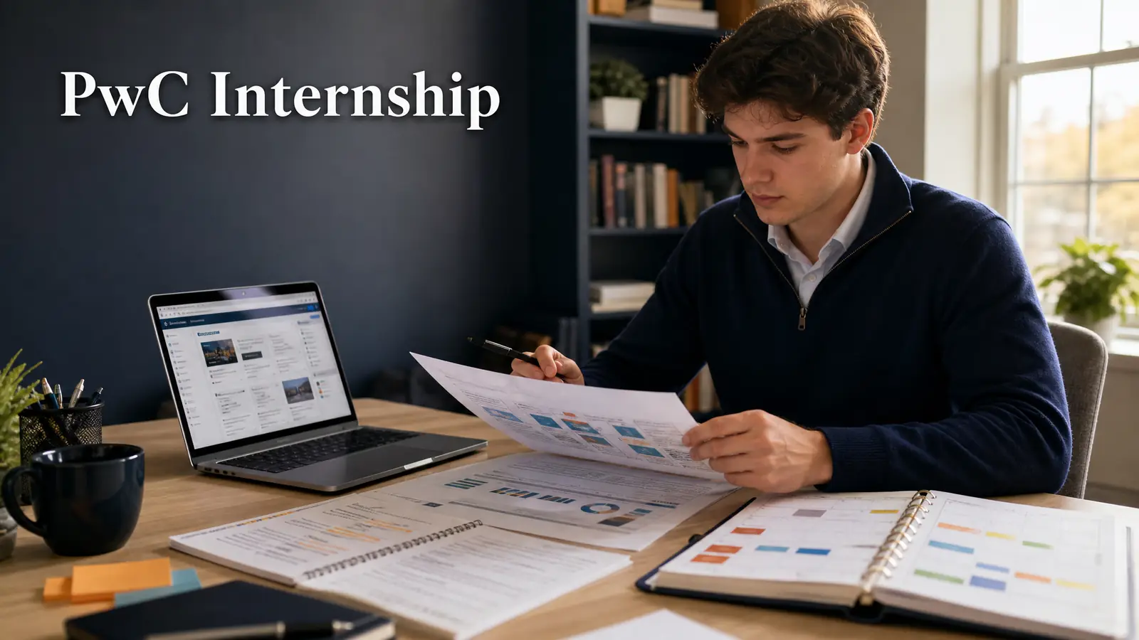 Student preparing a PwC internship application with resume notes and consulting case practice materials