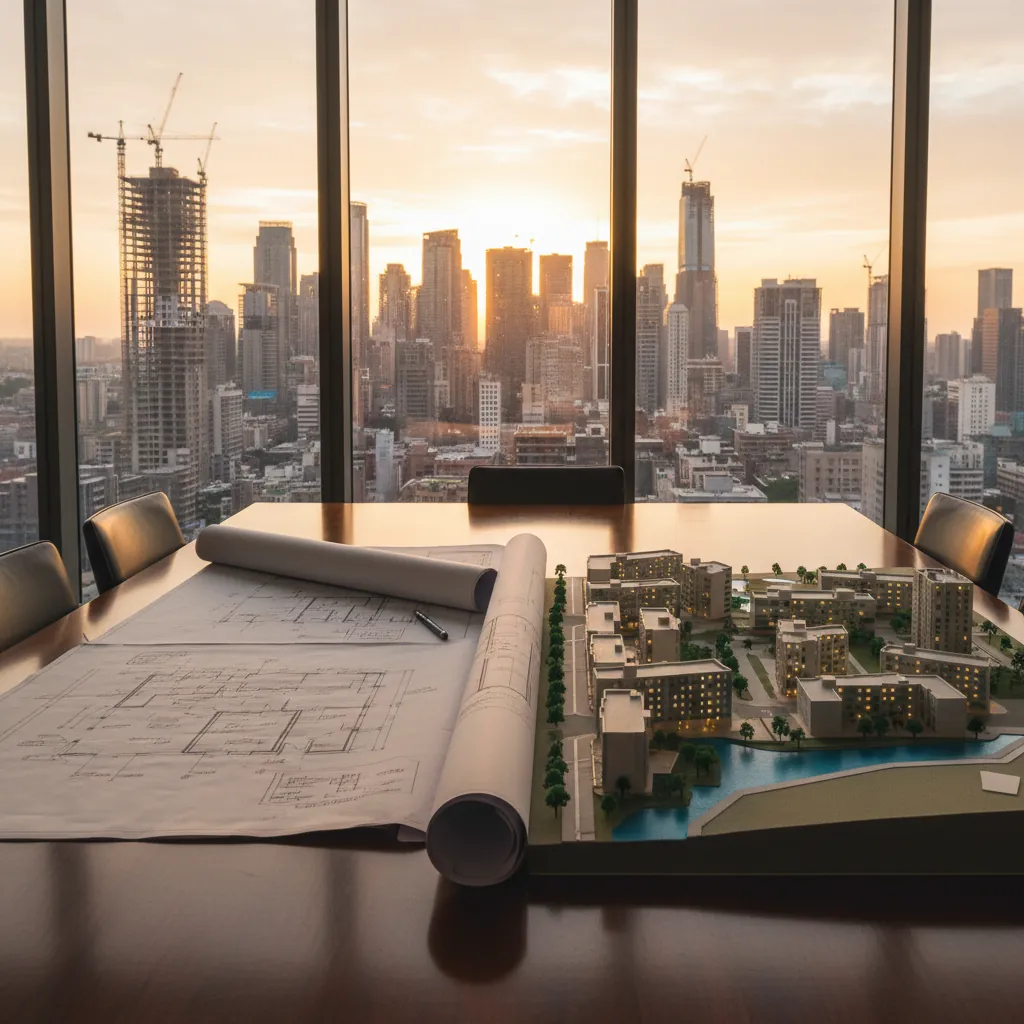 A strategy consultant reviewing a property portfolio dashboard with cap rate charts, NOI projections, and market maps pinned to a glass whiteboard in a modern real estate advisory office overlooking a city skyline