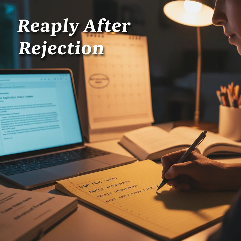 Candidate reviewing consulting application materials at a desk, preparing to reapply after rejection