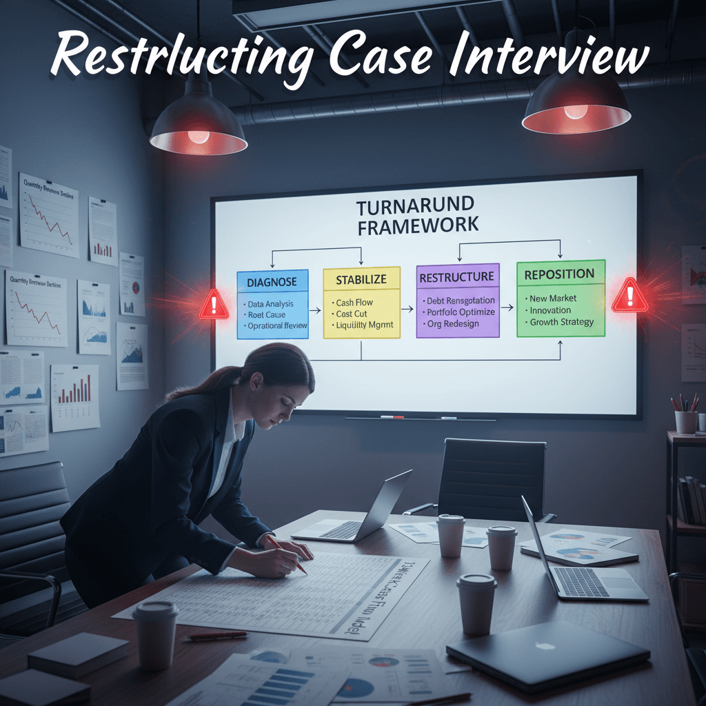 Diagram showing a four-phase restructuring framework from diagnosis to growth