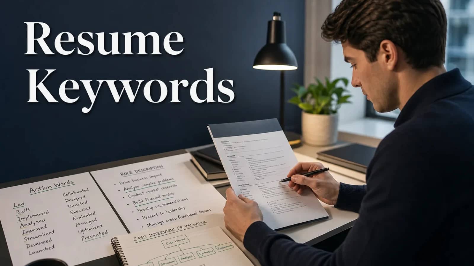 Consulting applicant editing resume keywords and action words at a desk