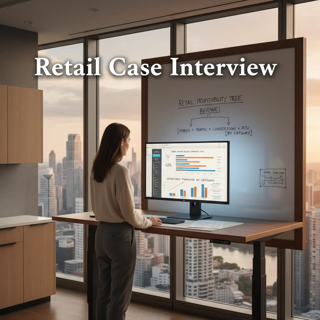 A consulting candidate analyzing retail store performance data with omnichannel sales charts and inventory metrics on a modern whiteboard