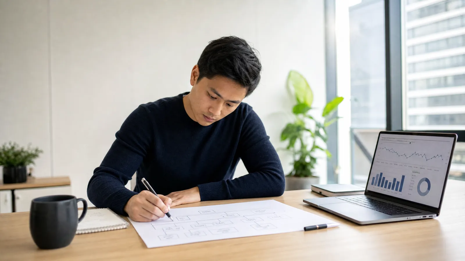 Candidate preparing a revenue decline case interview with a driver tree and revenue charts