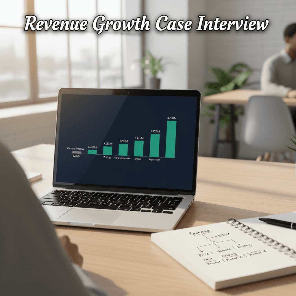 Revenue tree diagram showing price and volume levers for a growth case interview