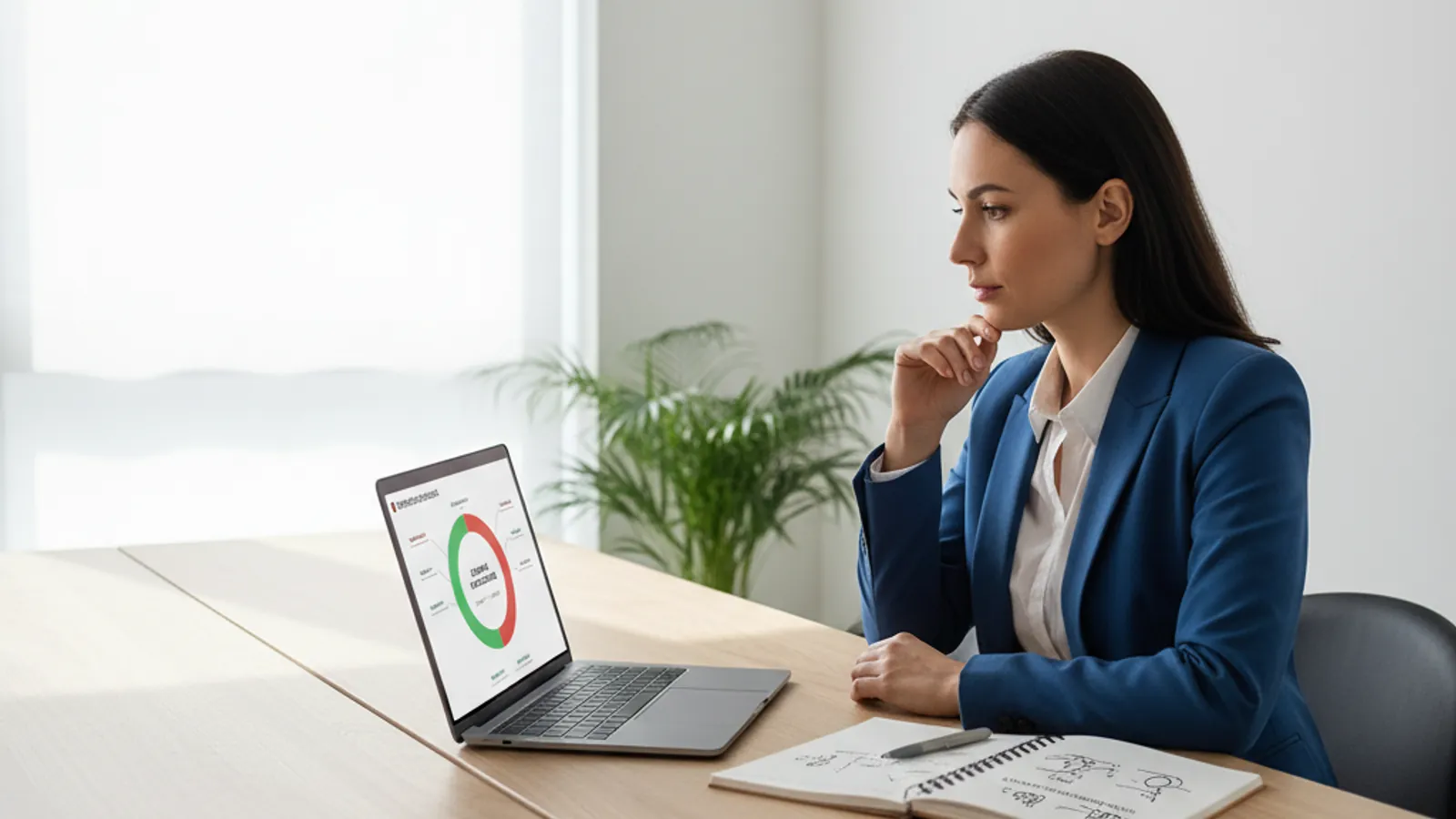 Candidate reviewing a seven-dimension case interview scorecard with AI Coach feedback on the laptop screen.