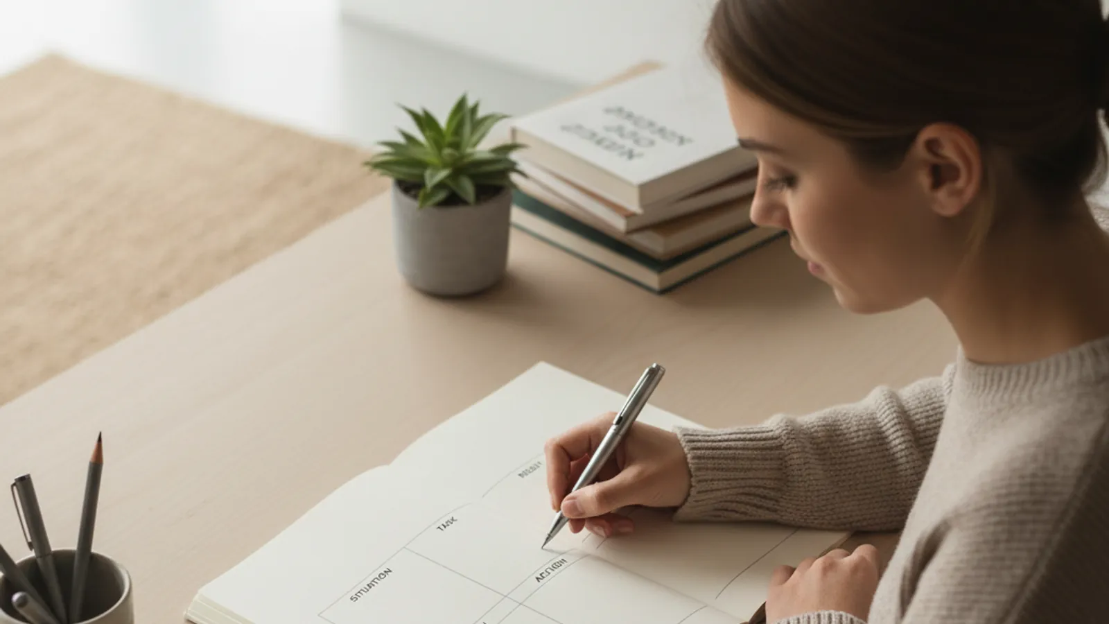 Candidate writing PEI stories using Road to Offer's free fit interview workbook with McKinsey rubric visible on the page.