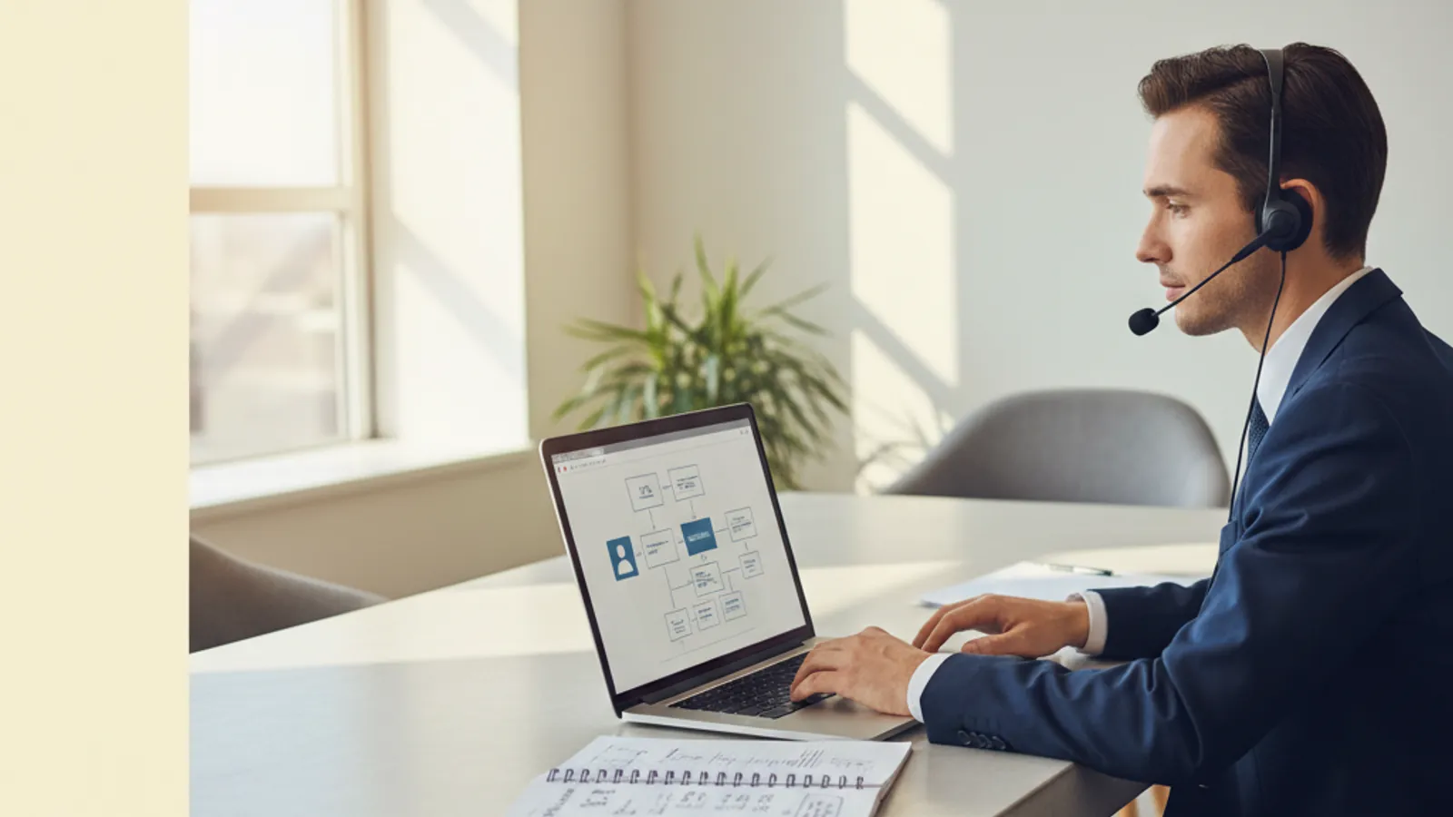 Candidate practicing a case interview out loud with Road to Offer's Voice Mode on a laptop, headset visible.