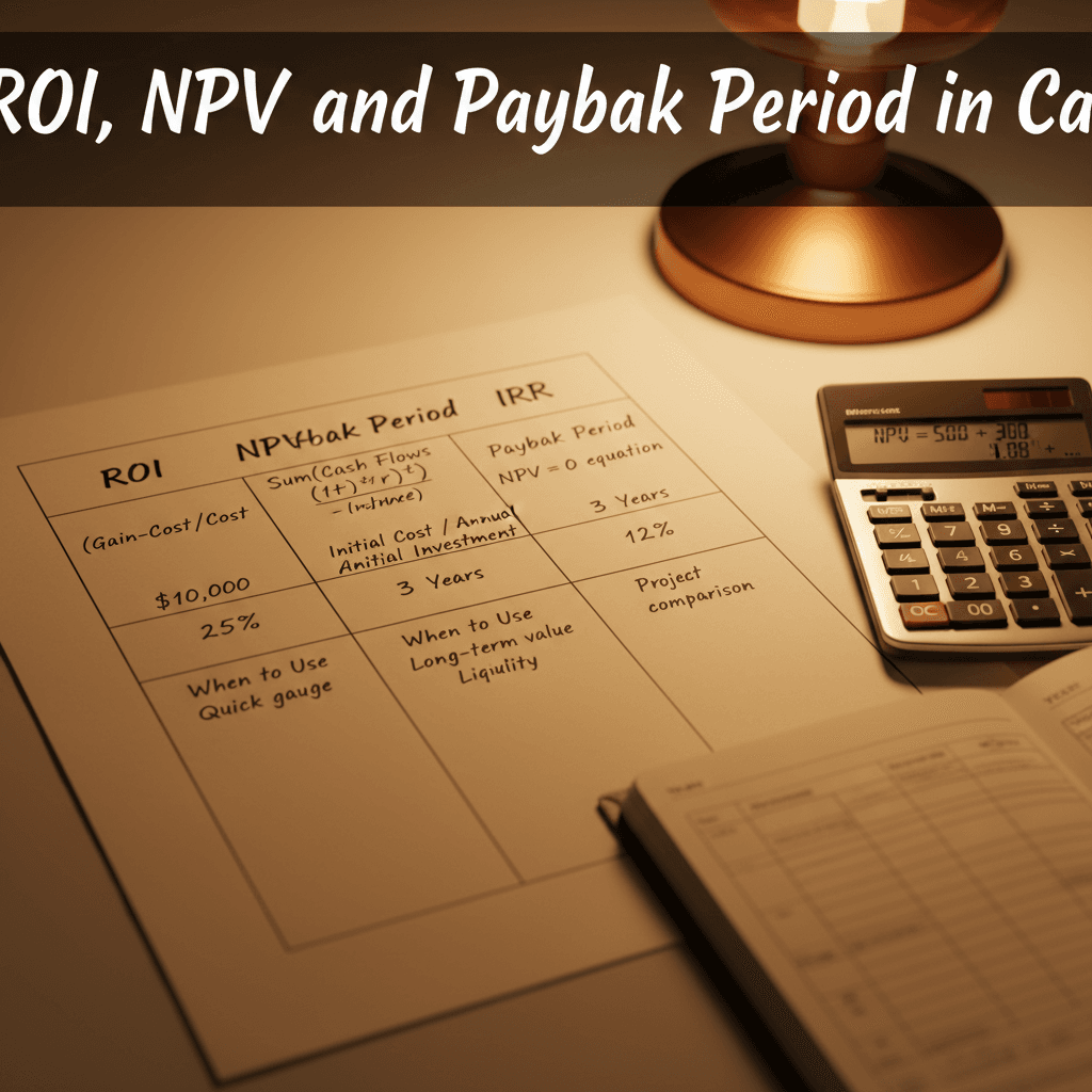 Table comparing ROI, NPV, payback period, and IRR formulas with example calculations