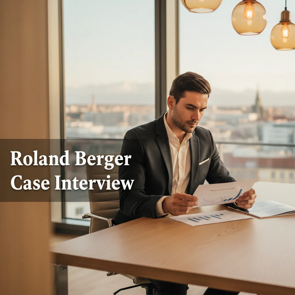 Roland Berger case interview guide visual with a candidate reviewing automotive market analysis in a Munich consulting office