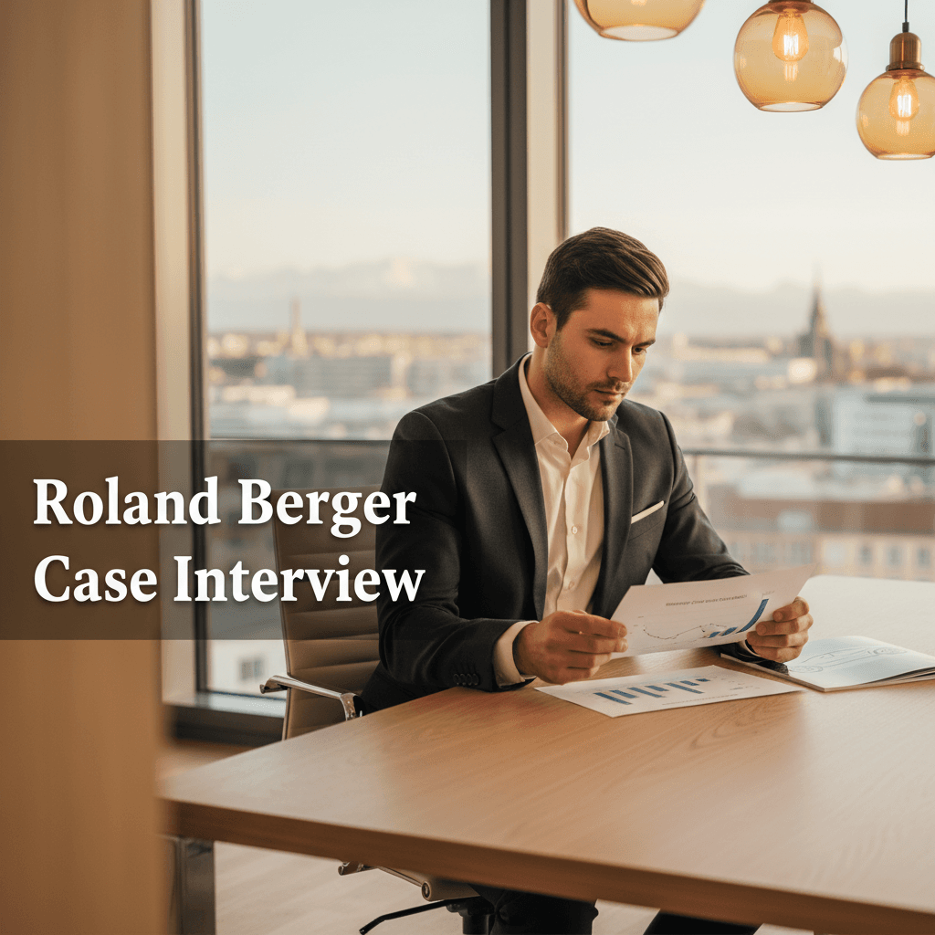 A candidate reviewing an automotive market analysis in a sleek Munich consulting office with floor-to-ceiling windows, Roland Berger-style minimalist European design and warm amber lighting