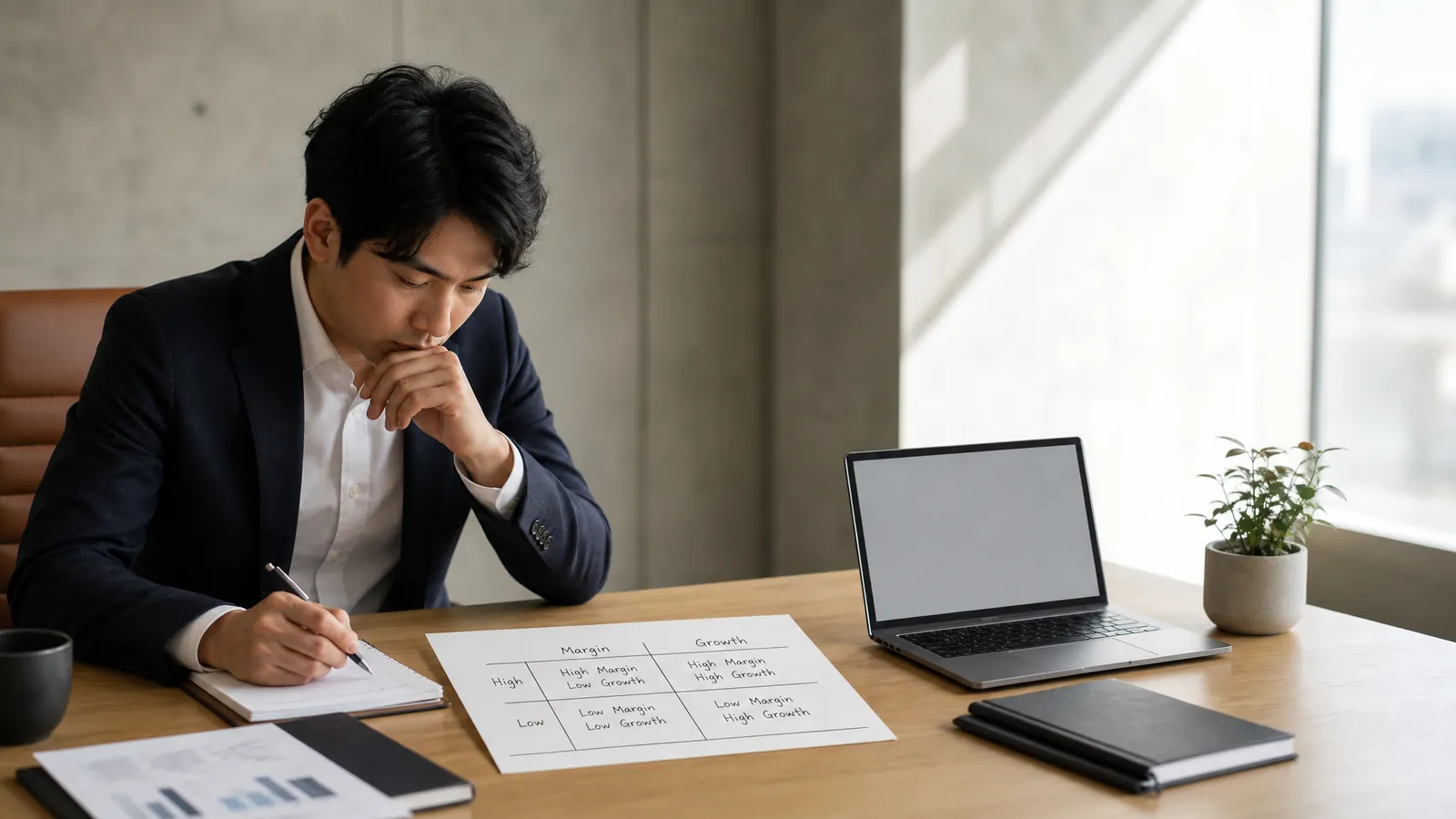 Consulting candidate comparing scale and profitability options in case interview notes