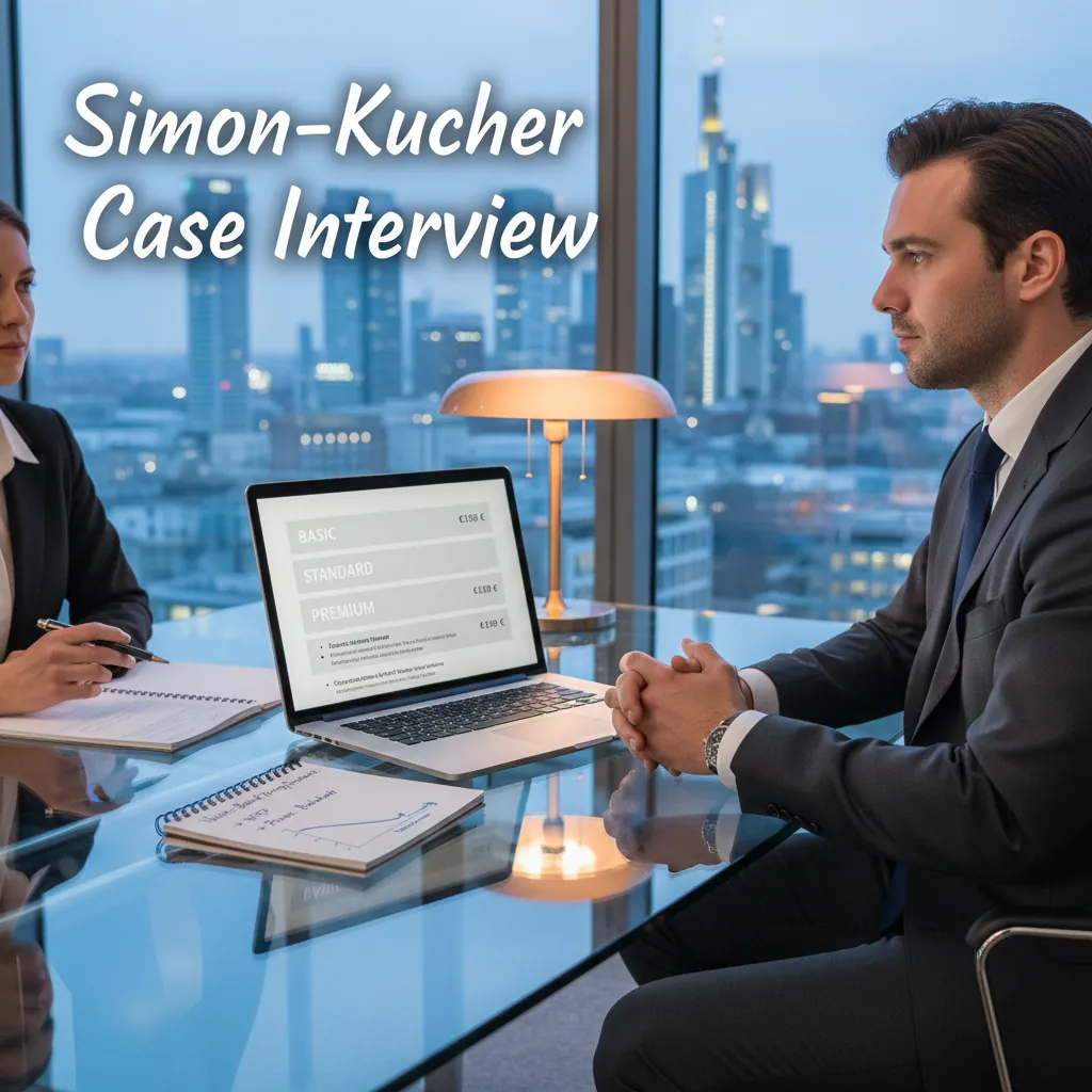 A candidate in a sleek Frankfurt boardroom analyzing a pricing strategy chart with monetization tiers on a whiteboard, Simon-Kucher's characteristic commercial focus visible in the data-heavy presentation slides