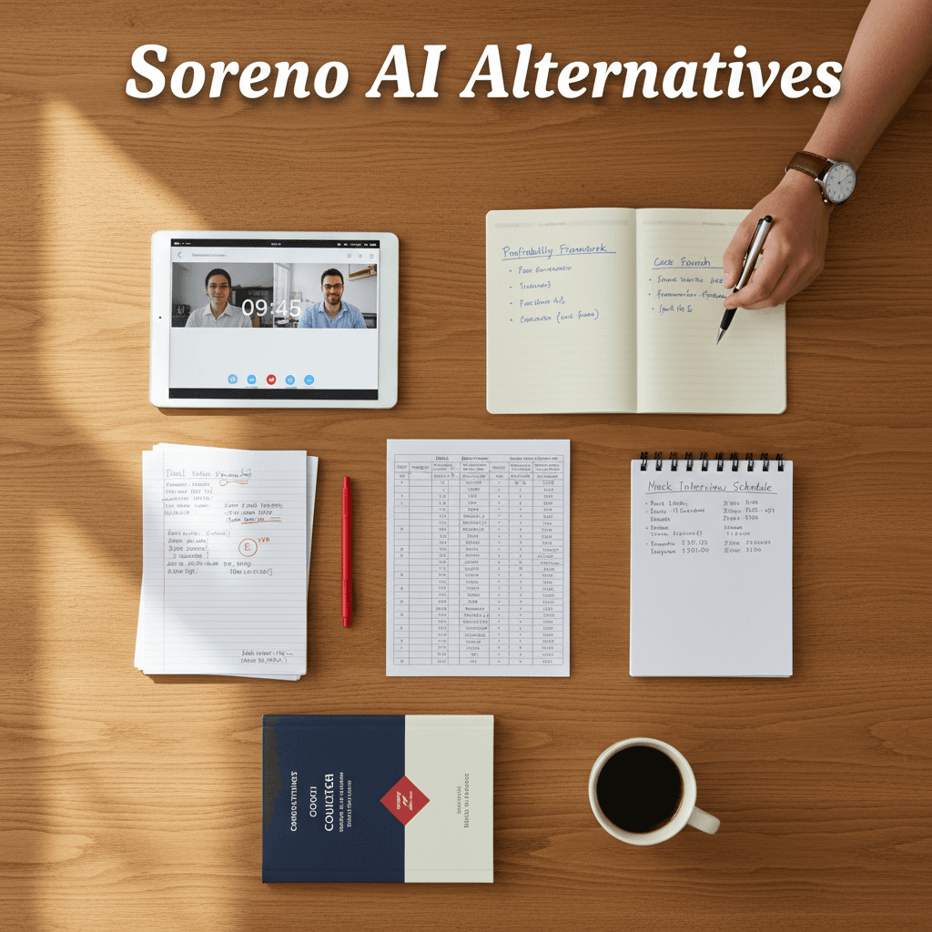 Grid of 6 case interview prep platforms compared against Soreno AI with pricing and focus labels