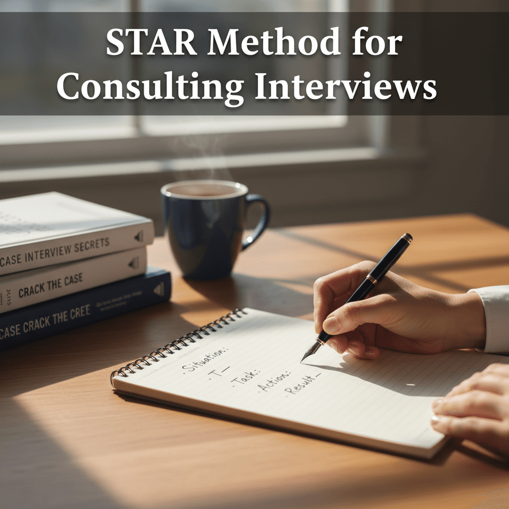 Candidate preparing a structured STAR story in a notebook at a consulting interview prep session