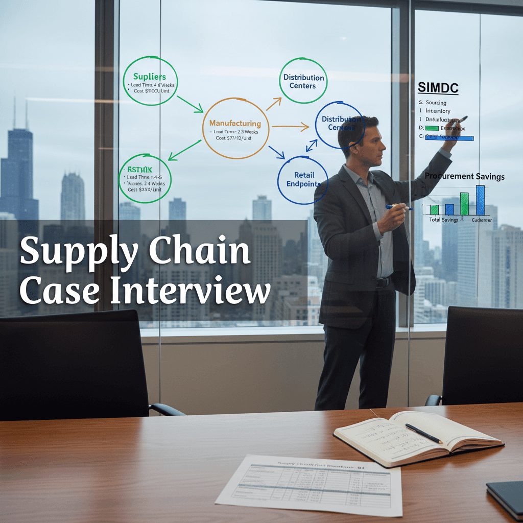 A consultant mapping a supply chain network diagram on a glass whiteboard — supplier nodes, manufacturing plants, distribution centers, and retail endpoints connected by color-coded arrows — in a modern strategy consulting office with floor-to-ceiling windows overlooking a city skyline
