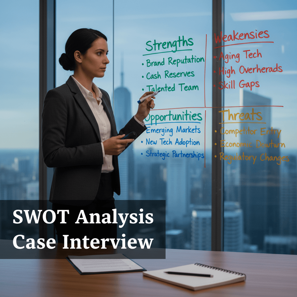 A 2x2 SWOT matrix drawn on a glass whiteboard in a modern consulting office, with Strengths and Weaknesses in the top row and Opportunities and Threats in the bottom row, annotated in colored markers, floor-to-ceiling windows revealing a city skyline in cool morning light