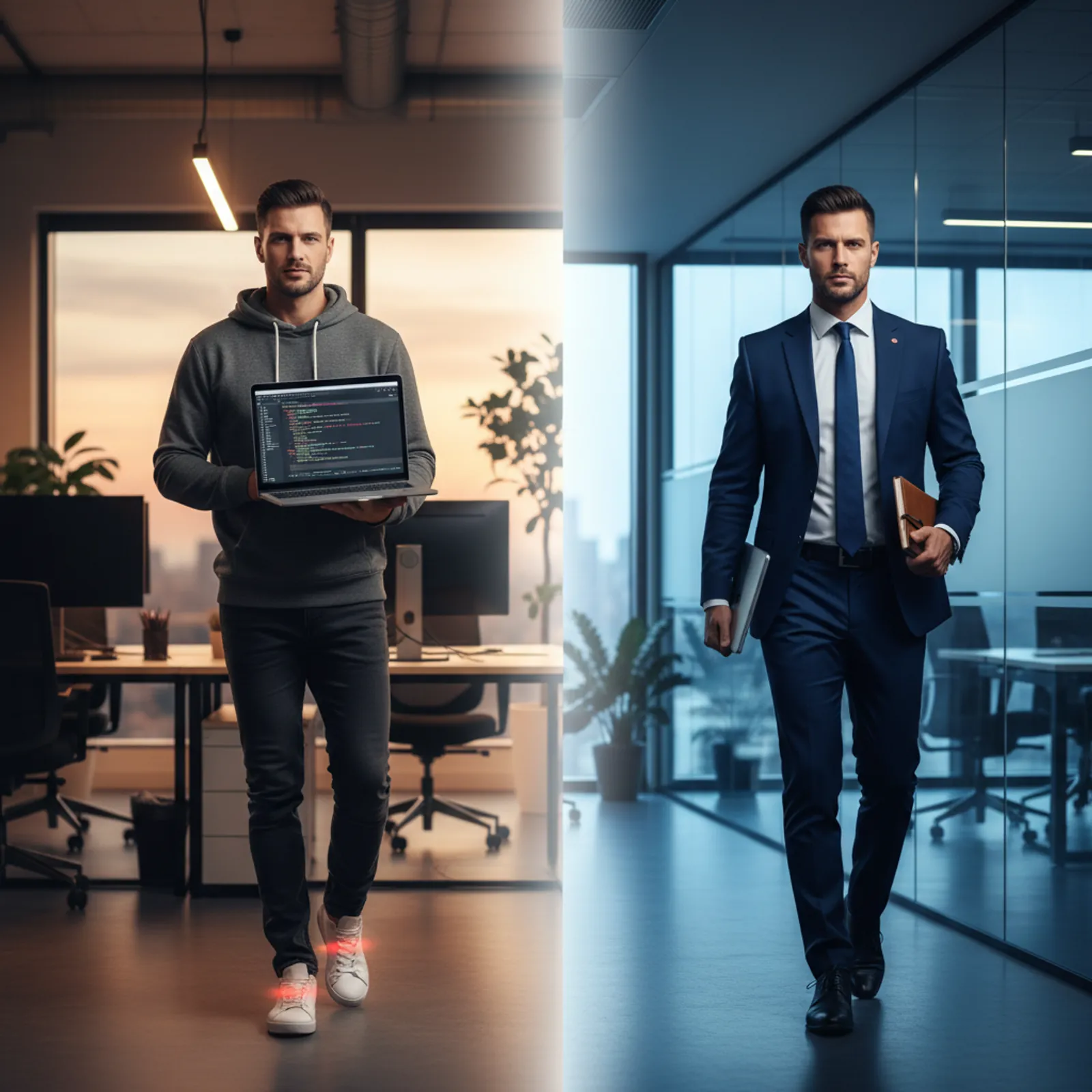 Person split between a hoodie holding a laptop in an open-plan tech office and a navy suit holding a slim laptop in a glass corporate office, mid-stride, with a warm-to-cool light gradient between