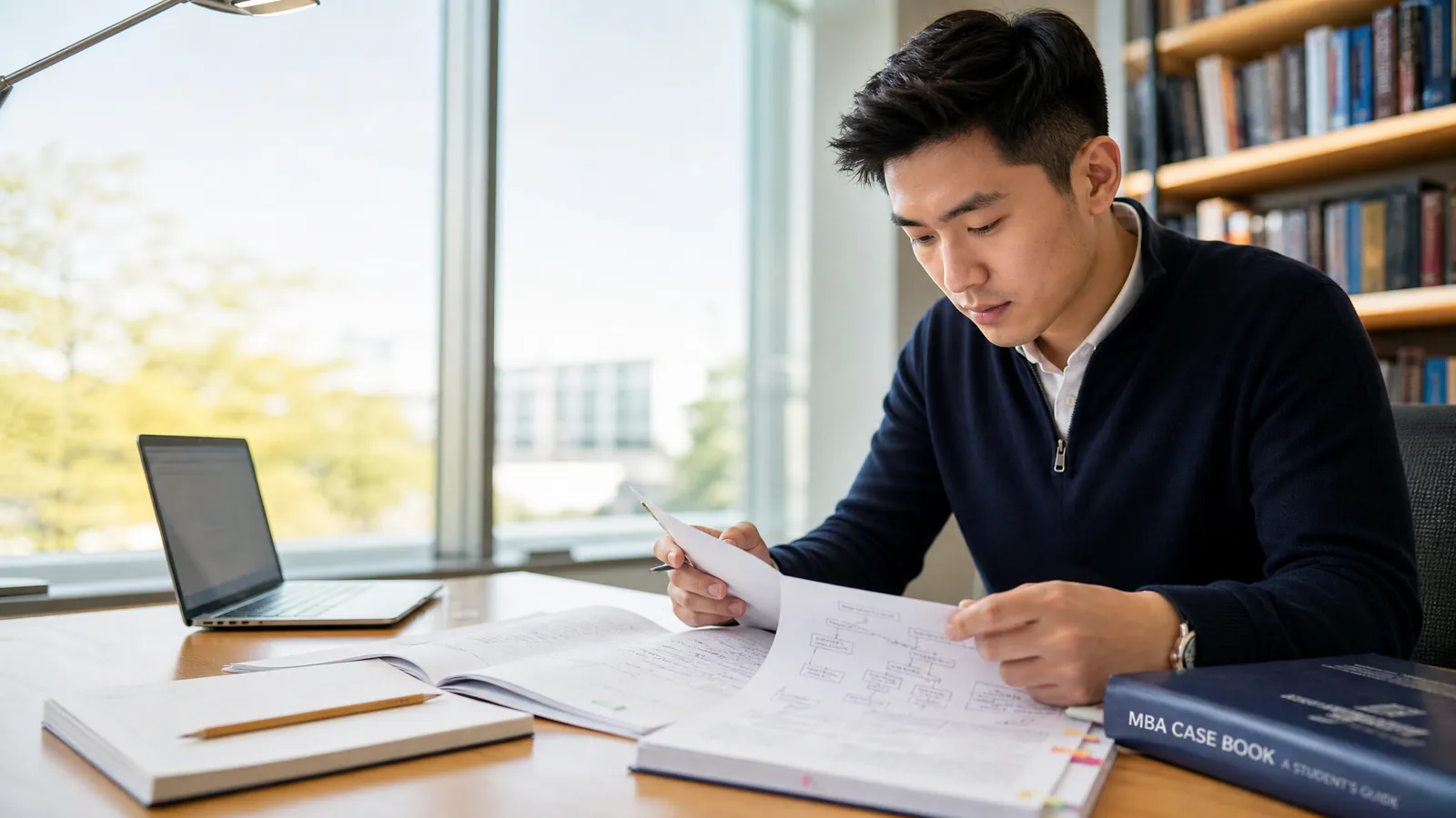 Consulting candidate using a Wharton case book with structured case interview notes
