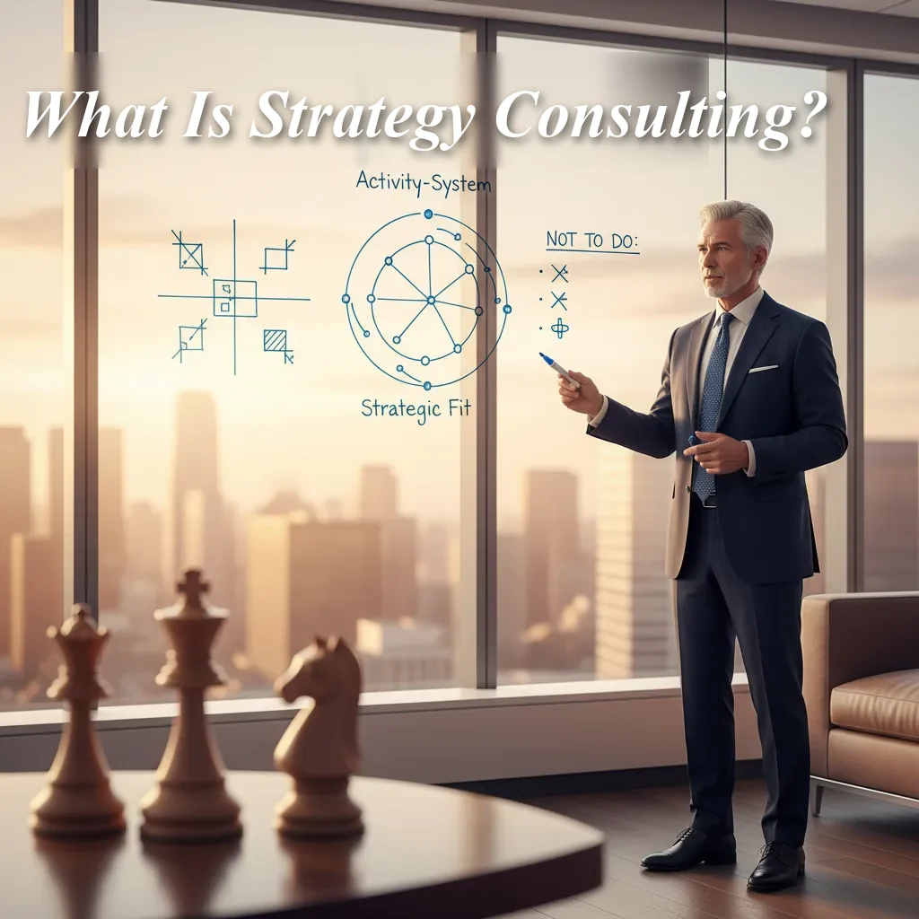 Consultant at an office window sketching a strategy on the glass, under the title What Is Strategy Consulting?