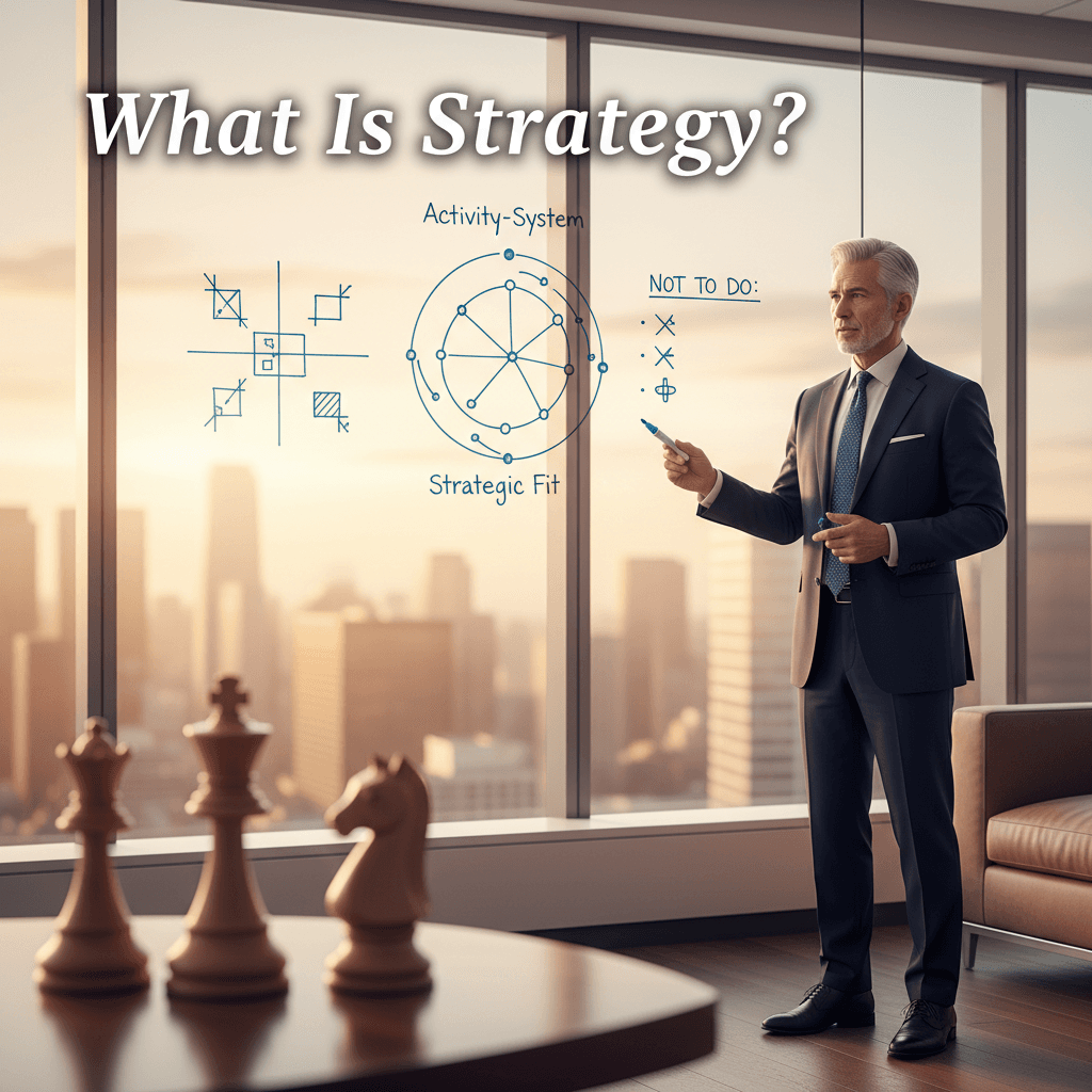 Strategist at a whiteboard mapping a company's unique position with frameworks visible in the background