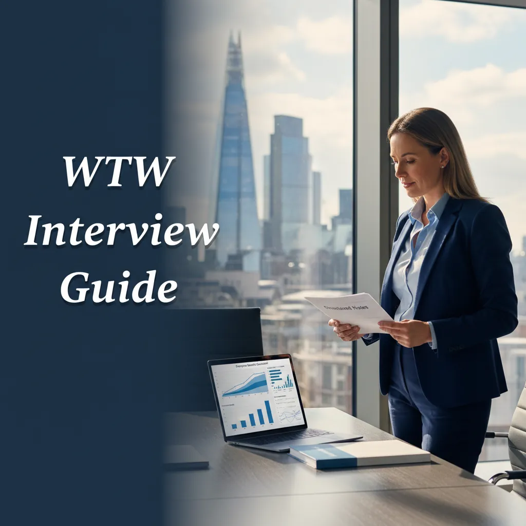 Candidate reviewing insurance risk data during a WTW case interview in a London office