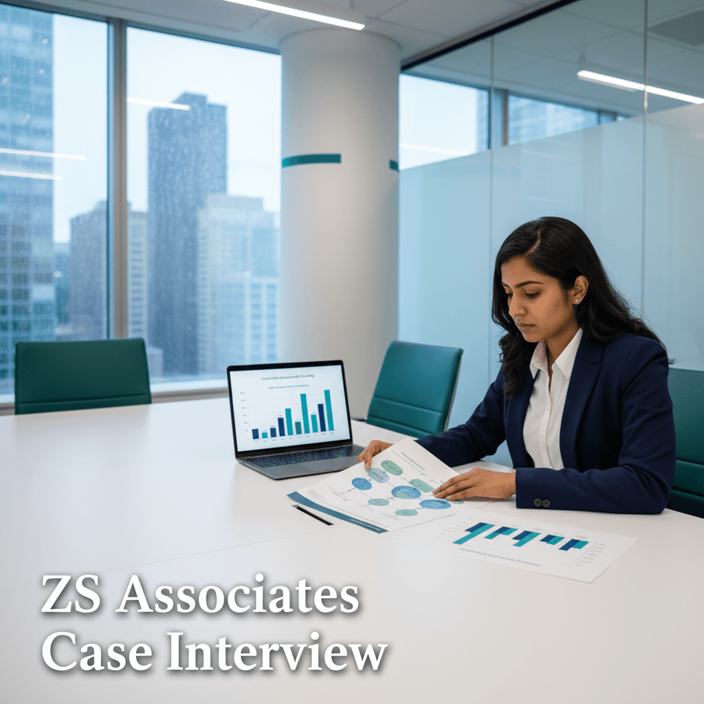 A candidate reviewing a pharmaceutical market analysis with drug pipeline charts and patient funnel diagrams in a modern ZS Associates-style consulting office with clinical white and teal accents