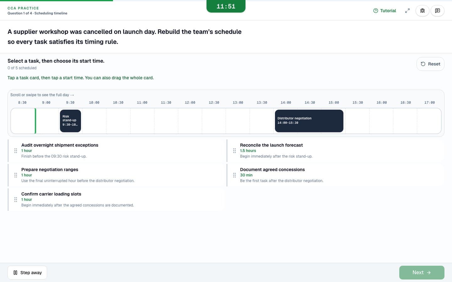 CCA-style interactive numerical question with a timeline to rebuild under a shared clock