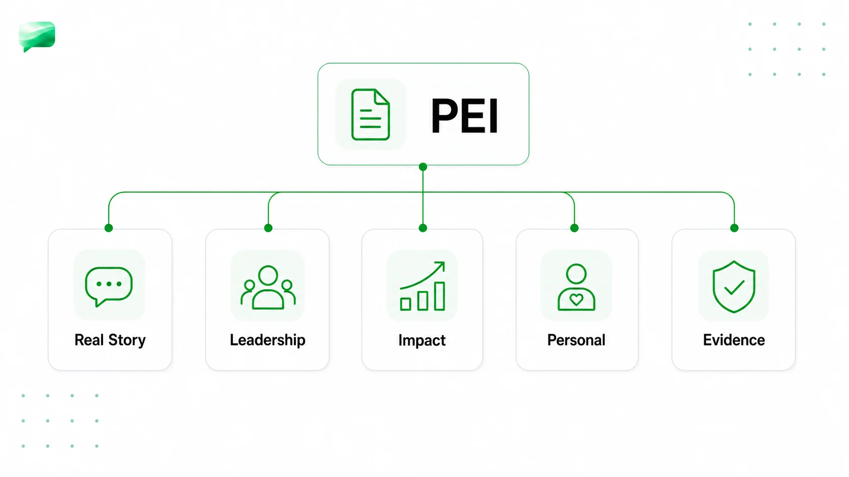 PEI evidence map with real story, leadership, impact, personal, and evidence dimensions
