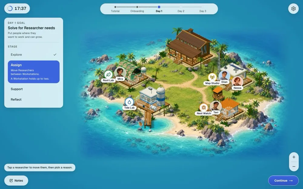 Road to Offer SFL practice on Day 1 Assign: the island with four researchers on four workstations, the stage panel on the left saying a workstation holds up to two, and a hint to tap a researcher to move them and pick a reason.