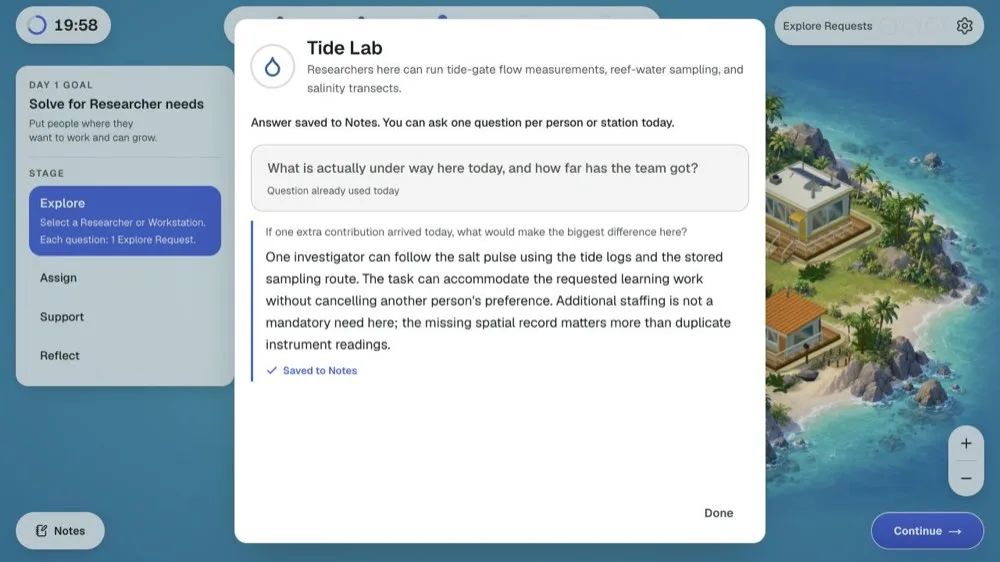 Road to Offer SFL practice on Day 1 Explore: the Tide Lab panel open over the island with one question already used today, its answer saved to Notes, and the Explore Requests counter at the top right.