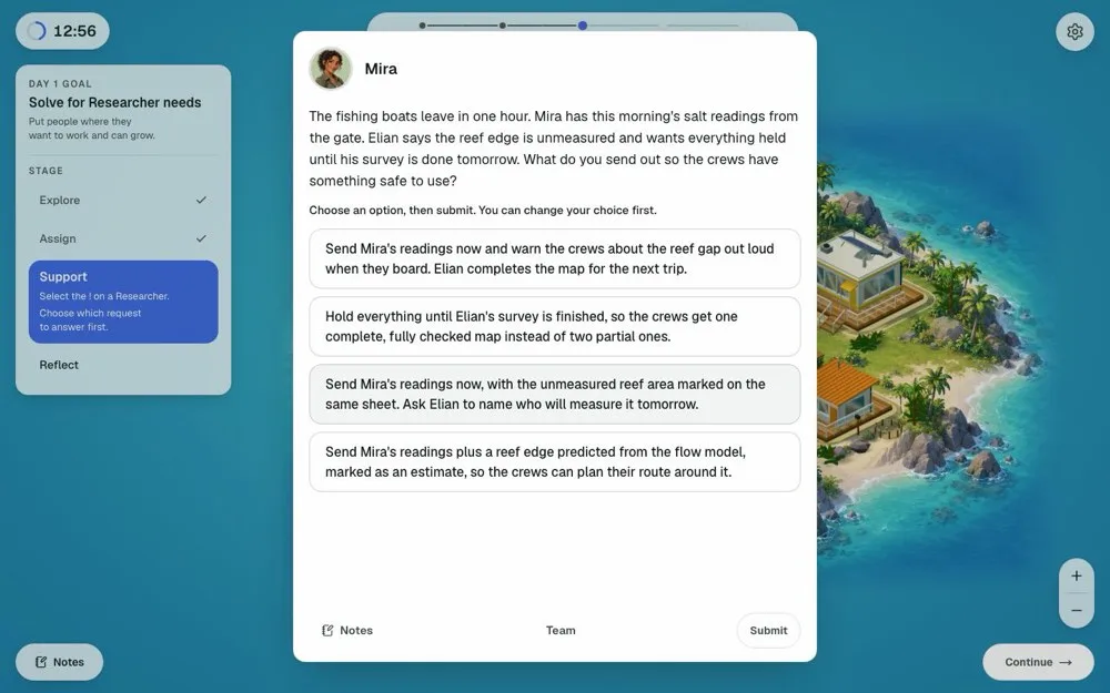 Road to Offer SFL practice Support request from Mira on Day 1: a short scenario about fishing boats leaving in an hour and four full-sentence response options, with Submit and Notes buttons.