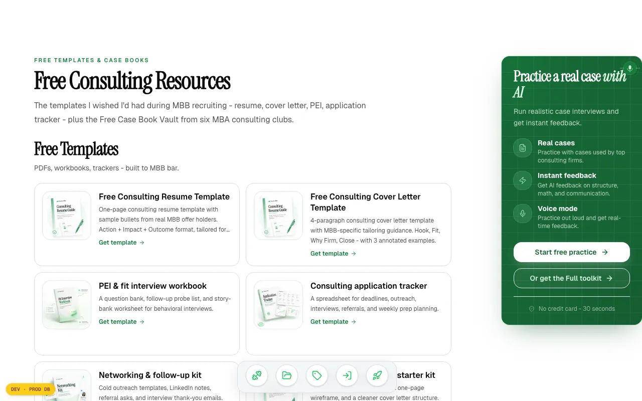 Road to Offer free resources page with consulting case books and fit interview materials for BCG prep