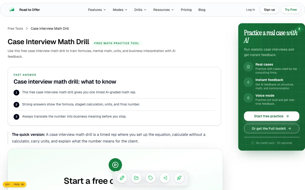 Math drill in the picker showing a concrete prompt and 30-second timer