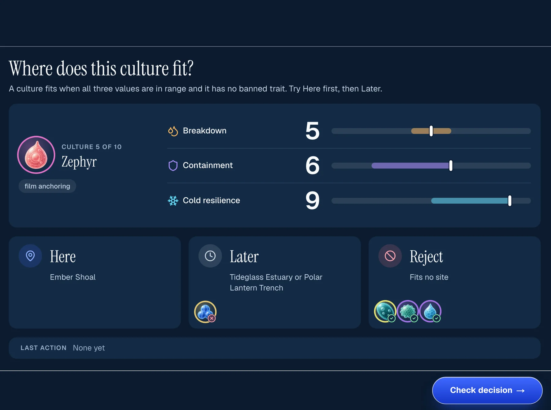 Sea Wolf Learning mode, classify step: a culture with its three values drawn against their target ranges, no clock, and a Check decision button.