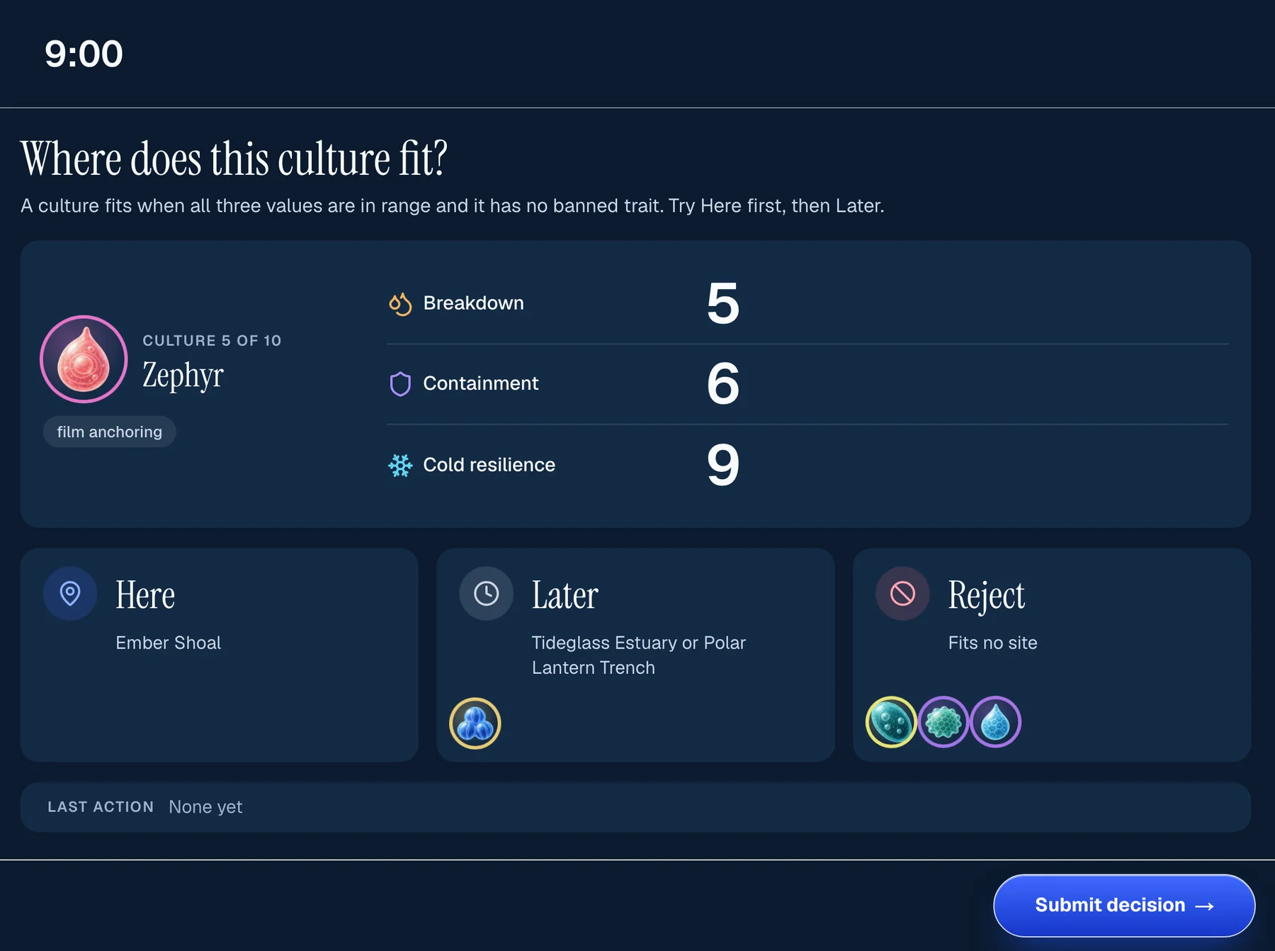 Sea Wolf Simulation mode, classify step: the same culture with plain values, no target ranges, a 9:00 clock and a Submit decision button.