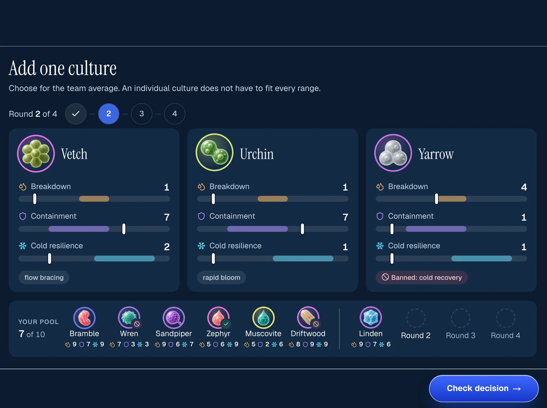 Sea Wolf Learning mode, build pool step: three candidate cultures with each value drawn against its target range, no clock.