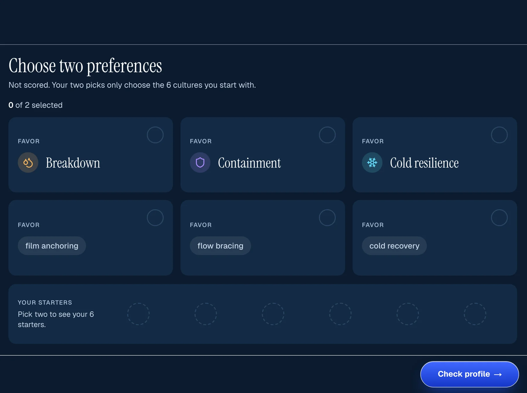 Sea Wolf Learning mode, profile step: choose two preferences, no clock, with a Check profile button.