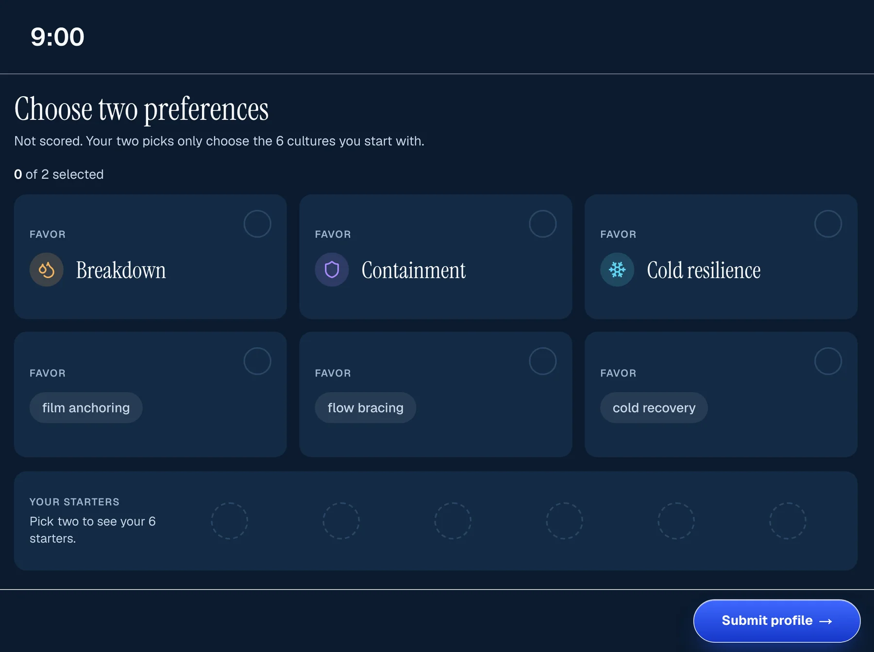 Sea Wolf Simulation mode, profile step: the same two preferences with a 9:00 clock and a Submit profile button.