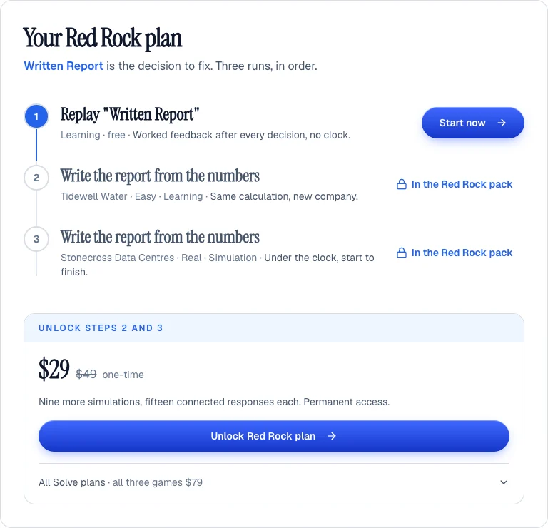 Red Rock plan after a run: replay the written report, then two more runs, with the pack unlock beside it.