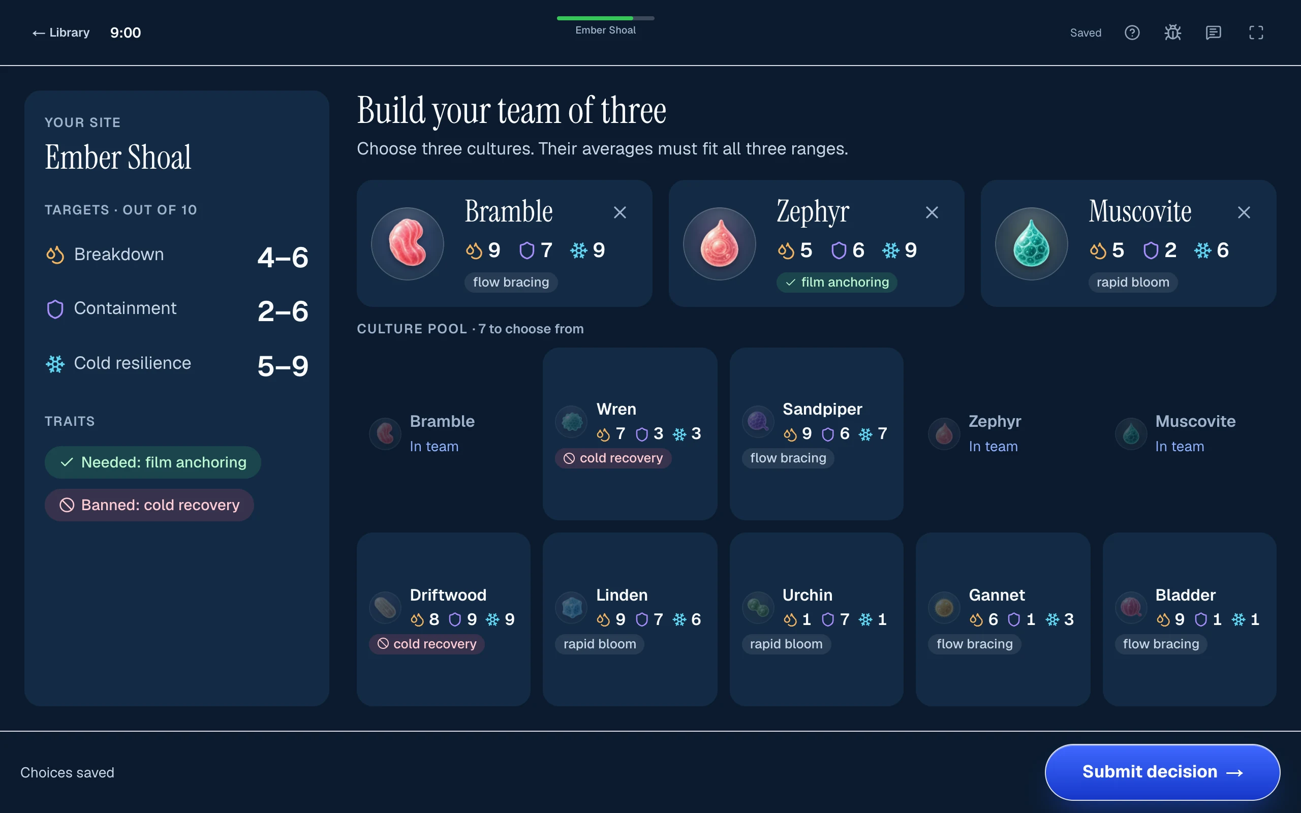 Sea Wolf treatment step: three cultures picked from the pool, whose averages must fit all three target ranges.
